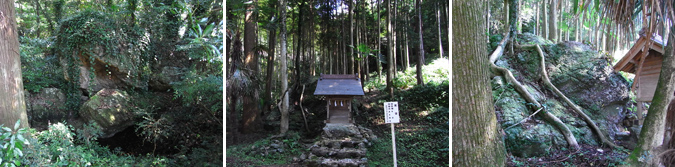 （左）雨乞いの神事が行われた「御手洗池」。（中）瀧宮。神域感あふれるすごい場所。（右）瀧宮の磐座（いわくら）。