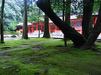 小さな滝が流れ、苔蒸した地面が美しい下宮。 