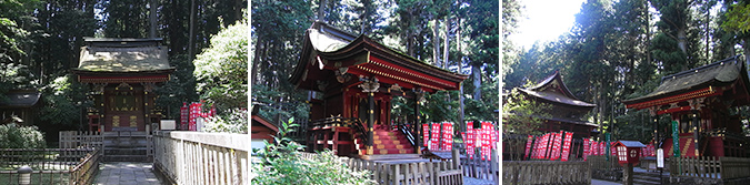 （左）東宮。御祭神：彦火火出見命（中）東宮本殿（国指定重要文化財）（右）浅間神社御本殿（左）と西宮本殿（国指定重要文化財）