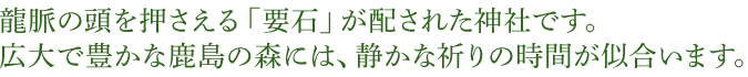 龍脈の頭を押さえる「要石」が配された神社です。広大で豊かな鹿島の森には、静かな祈りの時間が似合います。