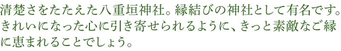 清楚さをたたえた八重垣神社。縁結びの神社として有名です。きれいになった心に引き寄せられるように、きっと素敵なご縁に恵まれることでしょう。