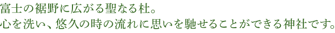 富士の裾野に広がる聖なる杜。 心を洗い、悠久の時の流れに思いを馳せることができる神社です。