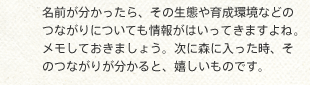 名前が分かったら、その生態や育成環境などのつながりについても情報がはいってきますよね。
				メモしておきましょう。次に森に入った時、そのつながりが分かると、嬉しいものです。