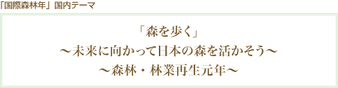 「国際森林年」国内テーマ　「森を歩く」～未来に向かって日本の森を活かそう～　～森林・林業再生元年～