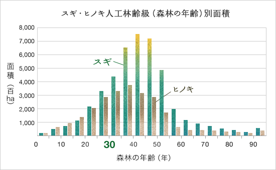 スギ・ヒノキ人工林齢級（森林の年齢）別面積