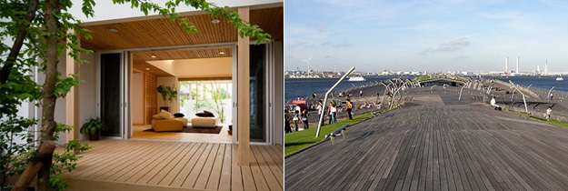 左：100％国産の天然乾燥･森林認証材で建てられた住宅（※）　右：横浜港大さん橋国際客船ターミナル